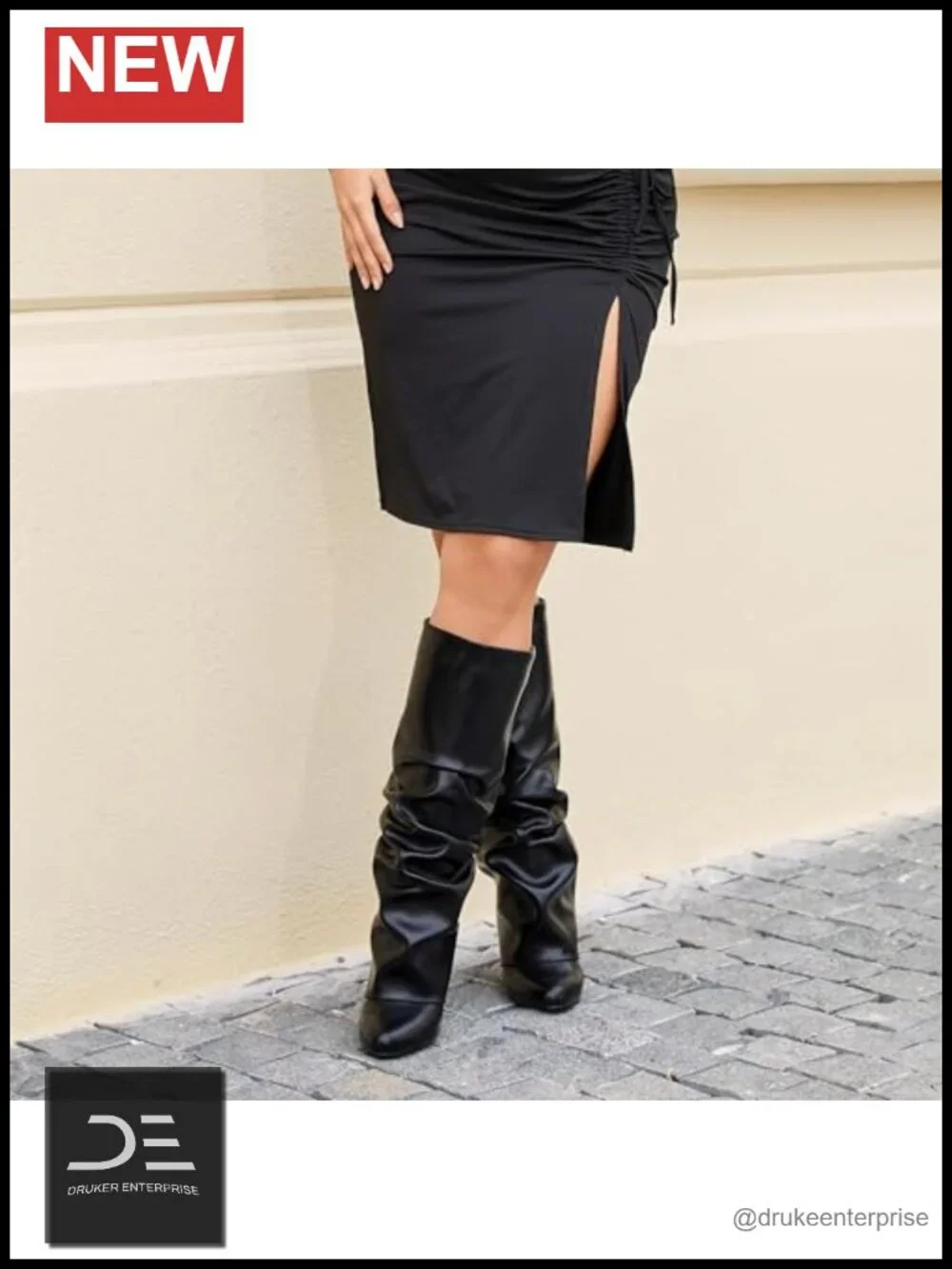 Fold Over Knee High Shark Boots 4-Inch Wedge Heel Pull-On PU Upper
